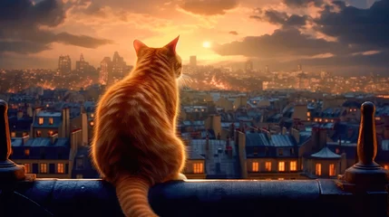 Photo sur Plexiglas Paris Red striped cat sits on the roof of a house in Paris and looks at the moon, a beautiful view from the roofs of buildings. Generative AI