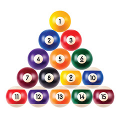 Set of billiard balls, a collection of all the pool balls with numbers isolated on white background, realistic illustration, eps 10