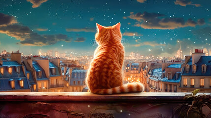 Red striped cat sits on the roof of a house in Paris and looks at the moon, a beautiful view from the roofs of buildings. Generative AI - Powered by Adobe