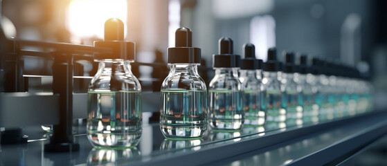 Medical vials on production line at pharmaceutical factory, Pharmaceutical machine working pharmaceutical glass bottles production line, Generative AI