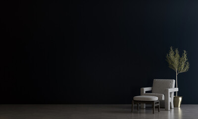 Minimal living room, Black wall texture background,  interior design, Modern white sofa decor, Parquet floor, 3D rendering