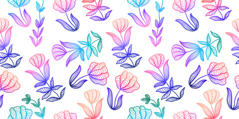 Fototapeta na wymiar Colorful Seamless Floral Pattern with Gradient Style. Hand Drawn Flower Motif for Fashion, Wallpaper, Wrapping Paper, Background, Fabric, Textile, Apparel, and Card Design