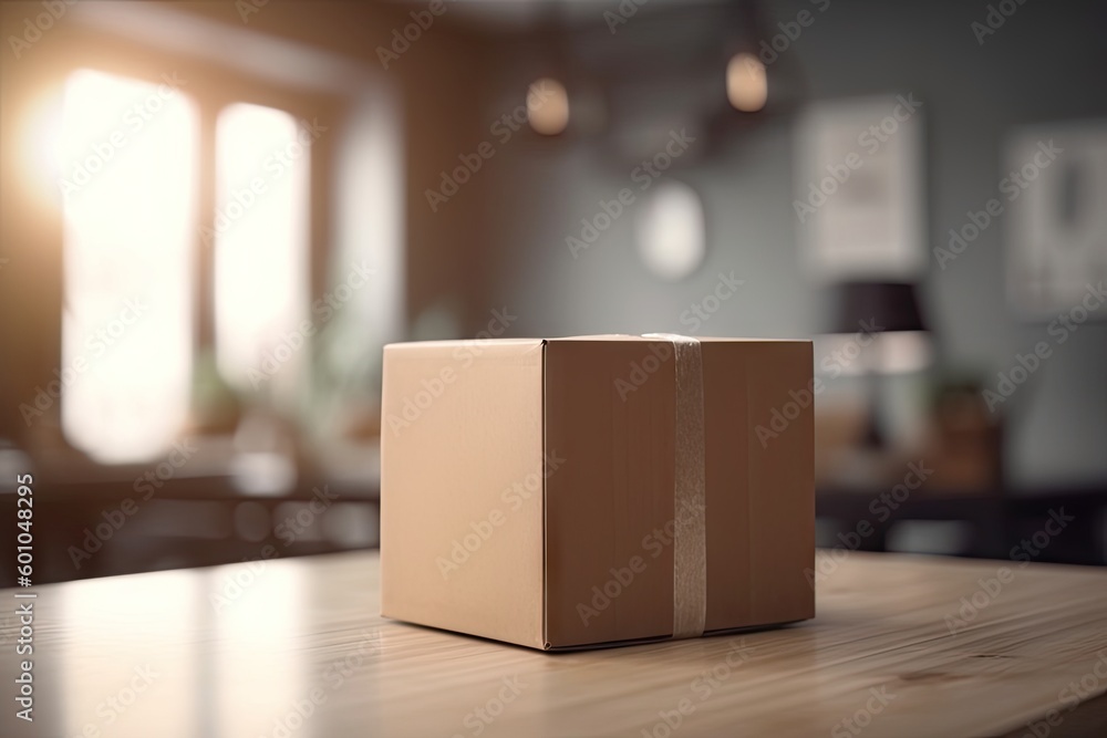 Poster wooden table with parcel and cardboard box background for delivery and business concept. generative 