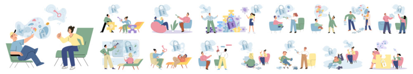 Counselling assistance of a psychologist. Patients problem. Psychologist has an individual meeting with her patient. Psychotherapists, psychologists work with mental health of clients, patients