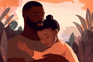A black dark skinned father hugging his child. Father's Day graphic illustration, Generative Ai