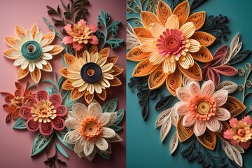 Beautiful handmade composition of flowers in the style of quilling art on a plain background. Quilling craft. generative ai