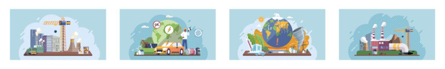 Fototapeta premium Saving the planet, World Environment Day. Planet Earth in smoke, plastic, garbage. Global warming set. Climate change. Earth day. Eco activist. Ecological catastrophy. Earth with reasons of destroying