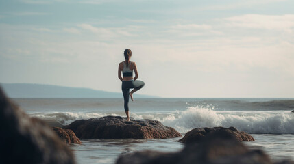 Back view of unrecognizable woman enjoying yoga on the beach - Generative AI