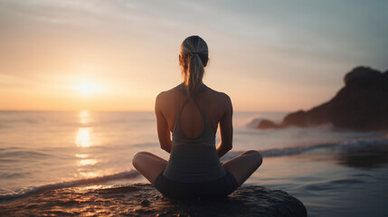 Unrecognizable stunning woman meditating by the ocean - Generative AI