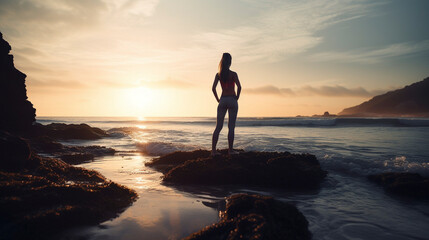 Photo from behind woman in serene yoga pose with ocean backdrop - Generative AI