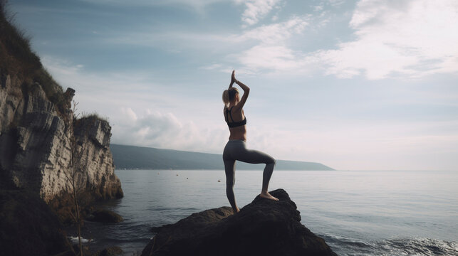 Back view of beautiful fitness girl in yoga pose by the ocean - Generative AI