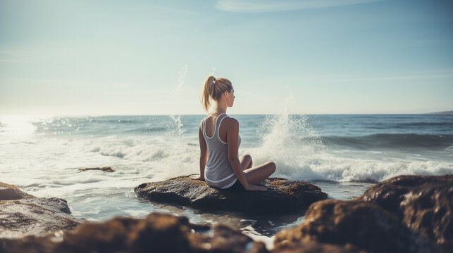 Back view of unrecognizable woman achieving balance through yoga - Generative AI