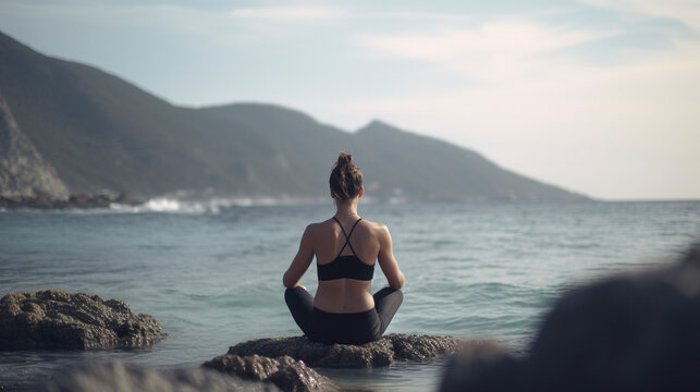 Back view of beautiful fitness girl achieving inner calm with ocean yoga