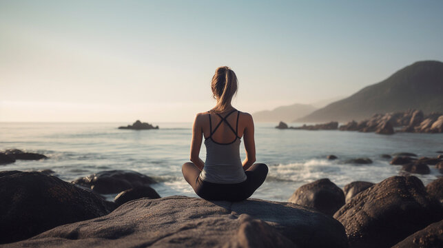 Photo from behind woman in yoga lotus pose with tranquil ocean backdrop - Generative AI