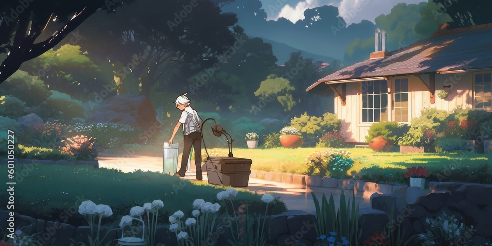 Poster a man standing in a garden with a suitcase. generative ai image.