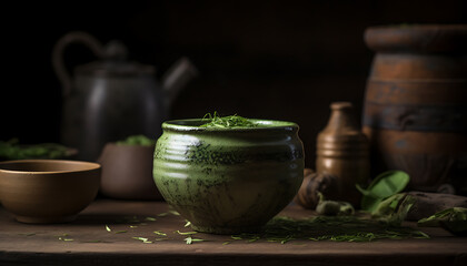 Fototapeta na wymiar Matcha tea in a green pottery, generative ai