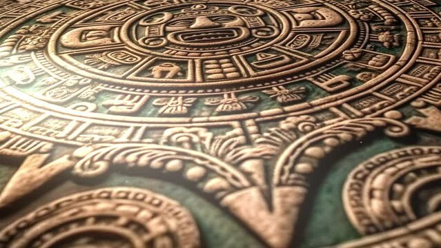 animation - Close view of the ancient Aztec mayan calendar with round pattern and relief on stone surface
