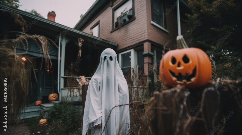 Poster a ghost standing in front of a house. generative ai image.