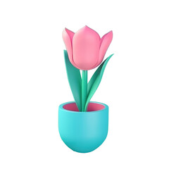 Tulip flowers 3d icon illustration on stem with leaves with different blossom shape in pink color isolated on transparent png background Generative ai