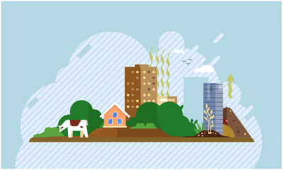 Obraz premium Green eco city and nature landscape background with pure atmosphere, template flat design vector illustration. Waste pile and container disposed on street exterior with skyscrapers, littered city