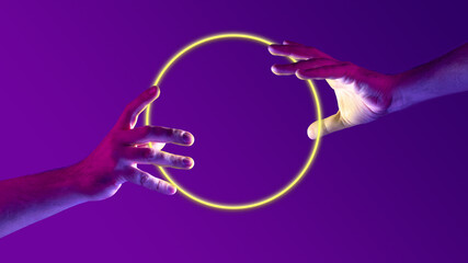 Portrait with human hands holding neon, glowing round, sphere over abstract minimal purple...