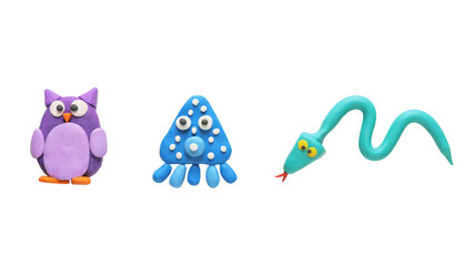 Colorful plasticine, owl, snake and octopus on white background, top view