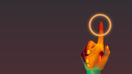 Portrait with Illuminated female hand interacting in motion with glowing button, round on gradient...