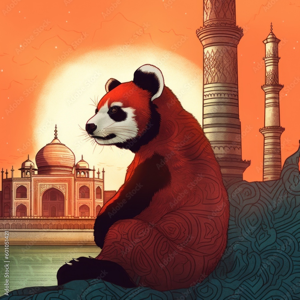 Poster a red panda sitting on a rock in front of a building. generative ai image.