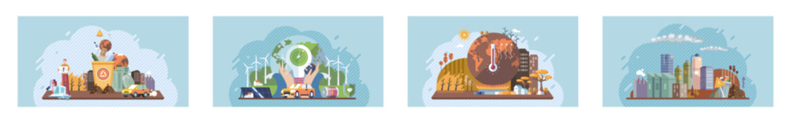 Saving the planet, World Environment Day. Planet Earth in smoke, plastic, garbage. Global warming set. Greenhouse effect of CO2. Eco activist. Ecological catastrophy. Earth with reasons of destroying