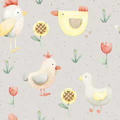 Cute birds and flowers. Watercolor seamless pattern for children. On a gray background. For baby shower, textiles, nursery decor, packaging, wrapping paper and scrapbooking