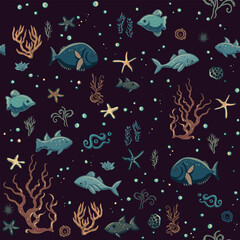 Sea seamless pattern with marine nautical sealife. Underwater world - fishes, seaweeds, starsfish, corals. Cartoon vector aquarium, ocean repeated background design