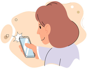 Child using smartphone, chatting, communicating with electronic device. Woman talking by phone, looking at digital gadget, touching screen. Female uses technology for communication or entertainment