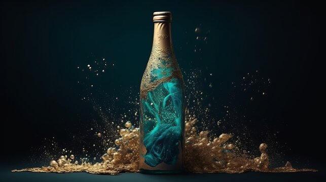 Drawing a bottle on a dark background with golden particles Generative AI