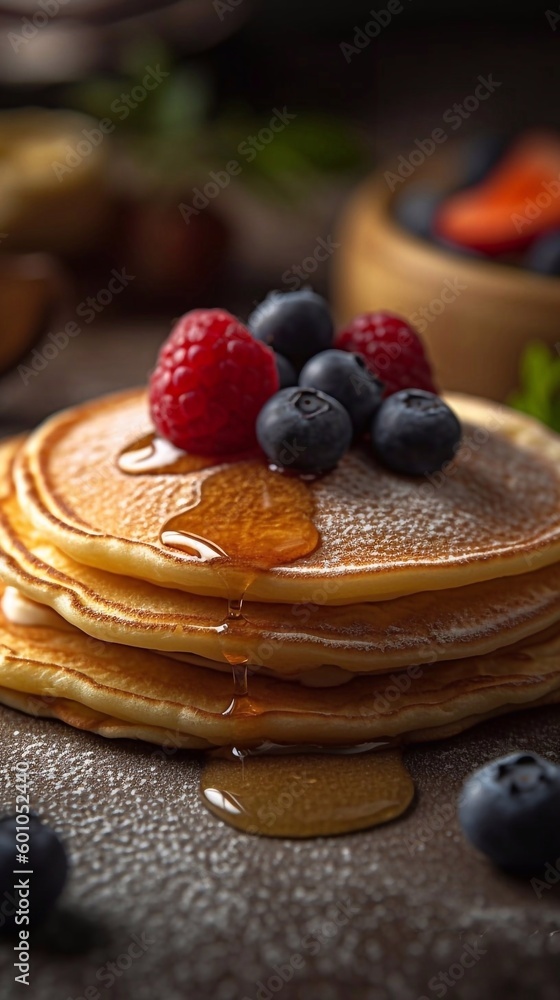 Wall mural close up of stack of delicious pancakes for breakfast on dark table. ai generated