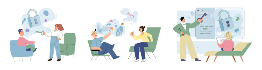 Concept of addiction treatment in group therapy. Person talking to psychotherapist. Private psychology, psychotherapy help concept. Mental therapy sessions with psychotherapists. Open mind game