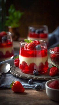 Delicious raspberries dessert in glass, ai generation