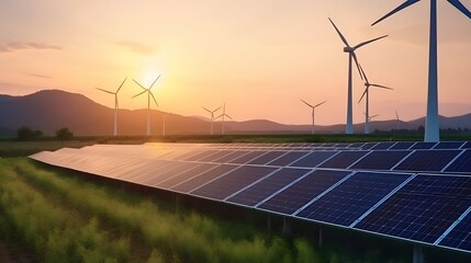 Solar energy panel photovoltaic cell and wind turbine farm power generator in nature landscape, Generative AI