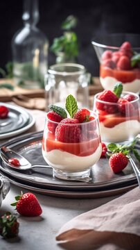 Delicious strawberries dessert in glass, ai generation