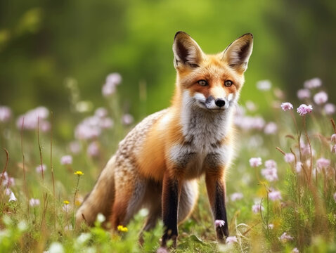 Curious red fox on a green meadow