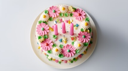  Vanilla birthday cake decorated with colorful flowers