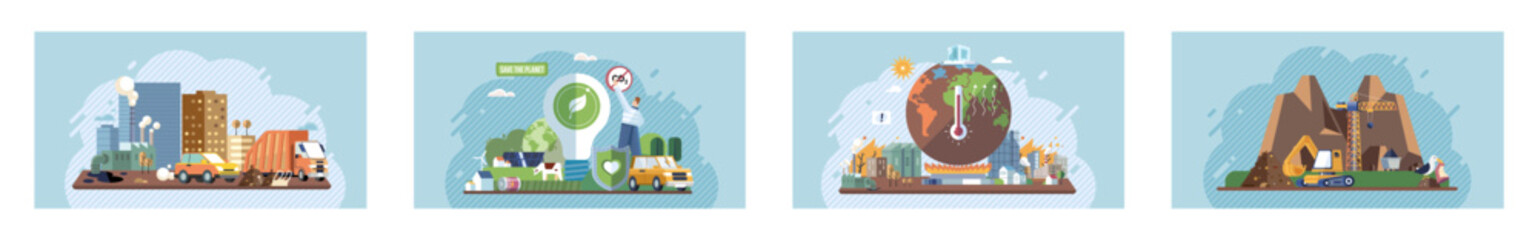 Toxic waste from human set. Industries create pollution and cities affected by pollution. Climate change cycle dried or dry cracked land suffering from drought. Weather global greenhouse warming risks