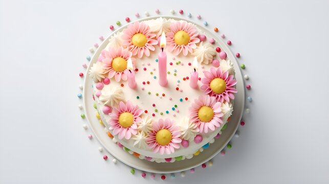  Vanilla birthday cake decorated with colorful flowers