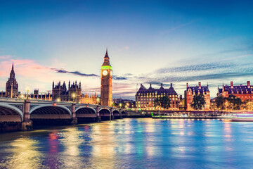 Big Ben, Westminster Bridge on River Thames in London, England, UK