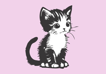 Vector graphic cute beautiful black and white little sitting kitten with a tail. Domestic little cat. Pink isolated background.