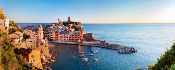 Vernazza in Cinque Terre, Italy panorama at sunset