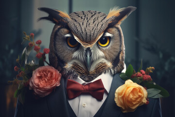 Portrait of owl in business suit. Generative AI