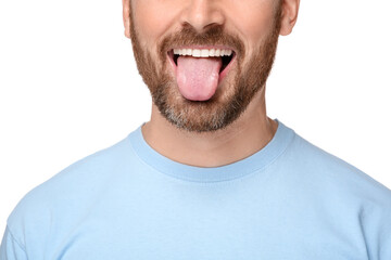 Man showing his tongue on white background, closeup