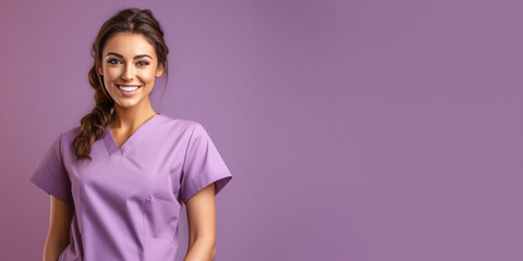 Attractive woman wearing medical scrubs, isolated on purple background. Place holder, copy space banner for medical  and beauty industry - obrazy, fototapety, plakaty