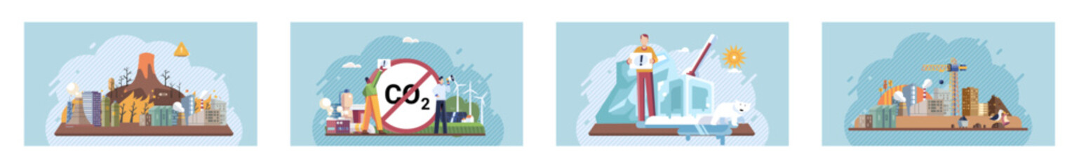 Saving the planet, World Environment Day. Planet Earth in smoke, plastic, garbage. Global warming set. Greenhouse effect of CO2. Eco activist. Ecological catastrophy. Earth with reasons of destroying