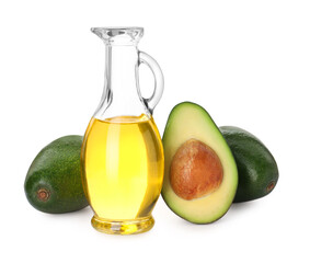 Cooking oil and fresh avocados isolated on white